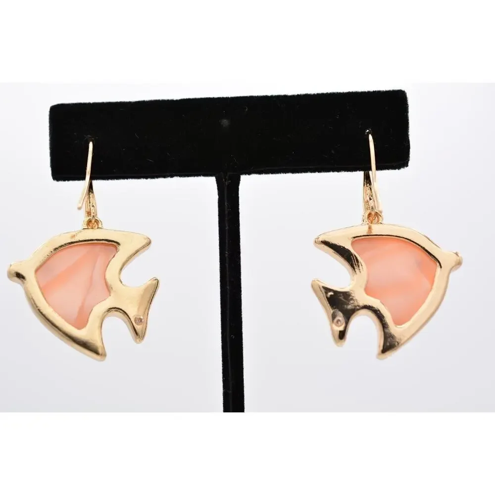 Angel Fish Dangle Earrings Pink Rhinestone Crystal Gold Beach Summer Y2K BinAE